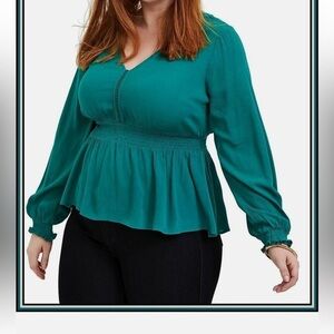 Torrid Emerald Green Gauze Smocked Peplum‎ Blouse Womens Size 3X Semi Sheer Boho